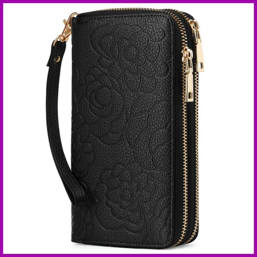 RFID Blocking Leather Wristlet Wallet Large Capacity Double Zipper Clutch